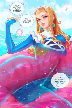 black_hair blonde_hair blue_eyes breasts earrings fantastic_four highres jewelry large_breasts long_hair looking_at_viewer luna_snow marvel marvel_rivals multicolored_hair partially_invisible prywinko psylocke psylocke_(breezy_butterfly) purple_hair reed_richards smile split-color_hair squirrel_girl_(marvel) sue_storm sue_storm_(azure_shade) swimsuti water yuri