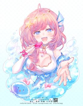 1girl :d blue_eyes blush bow braid breasts cleavage cleavage_cutout clothing_cutout commentary_request commission dress fins hair_ornament hair_over_shoulder head_fins highres indie_virtual_youtuber ittokyu jellyfish large_breasts long_hair looking_at_viewer open_mouth outstretched_arm pink_bow pink_hair purple_bow qr_code sleeveless sleeveless_dress smile solo star_(symbol) star_hair_ornament umitsuki_shell upper_body virtual_youtuber watermark white_dress