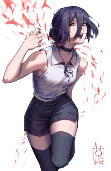 1girl :d black_choker black_shorts breasts chainsaw_man choker commentary english_commentary green_eyes grenade_pin hair_between_eyes hair_bun hand_up highres hoipus knee_up looking_at_viewer neck_ribbon open_mouth reze_(chainsaw_man) ribbon shirt shorts sleeveless sleeveless_shirt small_breasts smile solo thighhighs watermark white_shirt