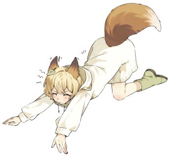 1boy animal_ears blonde_hair boots c0mfortcha1n cat_stretch closed_eyes e.g.o_(project_moon) fox_boy fox_ears fox_tail green_boots hair_ornament highres leaf_hair_ornament limbus_company long_shirt male_focus no_pants project_moon raincoat rubber_boots short_hair simple_background sinclair_(project_moon) stretching sunshower_(e.g.o) tail white_background white_raincoat