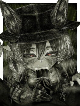 1boy 1girl absurdres animal_ear_fluff animal_ears arknights beanstalk_(arknights) blank_censor blush braid censored commentary_request ears_through_headwear fellatio gloves greyscale hair_between_eyes hetero highres hyena_ears hyena_girl hyena_tail id_card kyoeikyoei52906 long_hair long_sleeves monochrome oral orange_eyes penis pov saliva single_braid single_glove spot_color