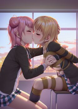 2girls arms_behind_back bdsm blonde_hair blush bondage bound breasts chair closed_eyes from_side grabbing_another's_breast groping hair_bun highres himitsu_(hi_mi_tsu_2) isshiki_iroha kiss kneehighs lactation long_sleeves medium_breasts multiple_girls pink_hair plaid_clothes plaid_skirt restrained rope saliva school_uniform shibari short_hair single_hair_bun sitting skirt sobu_high_school_uniform socks sunset window yahari_ore_no_seishun_lovecome_wa_machigatteiru. yuigahama_yui yuri