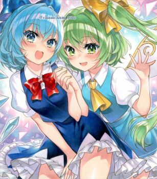 2girls :d blue_eyes blue_hair blush bow chacham cirno commentary_request daiyousei dress bad_tag green_eyes green_hair hair_between_eyes hair_bow happy multiple_girls open_mouth smile touhou