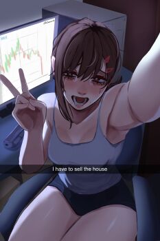 1girl absurdres at_computer black_shorts brown_hair camisole caption chainsaw_man chair computer computer_tower crying crying_with_eyes_open english_text graph gun hair_ornament hairclip hand_up higashiyama_kobeni highres intel l1amanade looking_at_viewer monitor office_chair outstretched_arm screen_light selfie shorts sitting solo swivel_chair tears thighs v weapon white_camisole