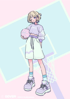1girl ;o arm_behind_back ball basketball_(object) blonde_hair blue_socks commentary_request copyright_notice cropped_sweater drawstring full_body hair_ornament hairclip highres holding holding_ball hololive hololive_dev_is long_sleeves looking_at_viewer multicolored_hair neki_(wakiko) official_art one_eye_closed puffy_long_sleeves puffy_sleeves purple_eyes purple_hair purple_shoes purple_streaks purple_sweater shoes short_hair shorts sneakers socks solo streaked_hair sweater todoroki_hajime two_side_up virtual_youtuber white_shorts