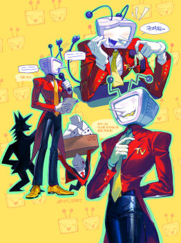 2boys 2others adjusting_clothes adjusting_necktie anger_vein ant_tenna black_pants blush box collared_shirt crt deltarune dt_sdr7 electric_plug electric_plug_tail fang green_outline highres holding holding_box holding_mini_person holding_paper korean_text kris_(deltarune) long_nose mini_person multiple_boys multiple_others multiple_views necktie object_head outline pants paper parted_lips pippins_(deltarune) pointy_nose shadowguy_(deltarune) shirt shoes smile speech_bubble tail tail_wagging tailcoat utdr_(toby_fox) white_shirt yellow_background yellow_shoes