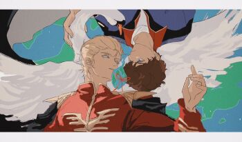 2boys amuro_ray beyond_the_time_mobius_no_sora_wo_koete bird blonde_hair blue_eyes blue_suit brown_hair cape char&#039;s_counterattack char_aznable commentary earth_(planet) english_commentary formal_clothes gundam lalah_sune looking_at_another mobile_suit_gundam multiple_boys neo_zeon planet red_suit string string_of_fate suit swan yaoi yukika_(creamyeden)