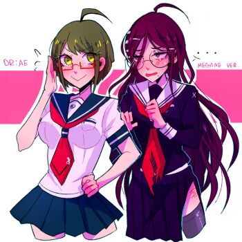 ... 2girls :> ahoge bespectacled blue_sailor_collar blue_skirt blush breast_pocket breasts closed_mouth collared_shirt commentary cropped_legs danganronpa_(series) danganronpa_another_episode:_ultra_despair_girls eyelashes flying_sweatdrops fukawa_toko glasses green_eyes green_hair hair_between_eyes hair_ornament hairclip hand_on_own_hip highres huyandere long_hair long_sleeves mole mole_under_mouth multiple_girls naegi_komaru neckerchief necktie open_mouth pocket purple_eyes purple_hair purple_serafuku purple_shirt purple_skirt purple_thighhighs rectangular_eyewear red-framed_eyewear red_neckerchief red_necktie round_eyewear sailor_collar scar scar_on_leg school_uniform semi-rimless_eyewear serafuku shirt short_hair short_sleeves single_tear skirt skirt_set smile spoken_ellipsis sweatdrop thighhighs torn_clothes torn_neckerchief torn_skirt white_sailor_collar white_shirt