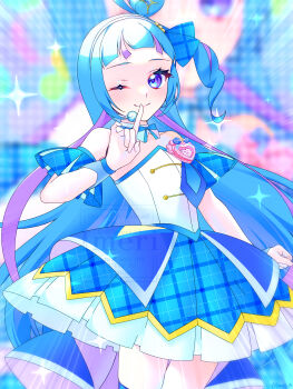 1girl aokaze_nana blue_eyes blue_hair blue_skirt blush breasts collarbone cure_wink detached_collar detached_sleeves dress highres imeri15 kimi_to_idol_precure long_hair one_eye_closed plaid_armband plaid_clothes plaid_ribbon plaid_skirt plaid_sleeves precure purple_hair ribbon short_sleeves skirt small_breasts smile solo strapless strapless_dress