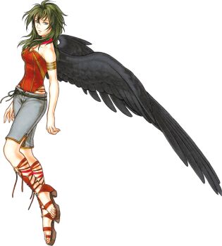 1girl bare_shoulders black_wings breasts denim feathered_wings fire_emblem fire_emblem:_radiant_dawn full_body gladiator_sandals green_eyes green_hair highres jeans kita_senri laguz_(fire_emblem) looking_at_viewer medium_breasts messy_hair nintendo official_art pants red_shirt sandals shirt sleeveless sleeveless_shirt vika_(fire_emblem) wings