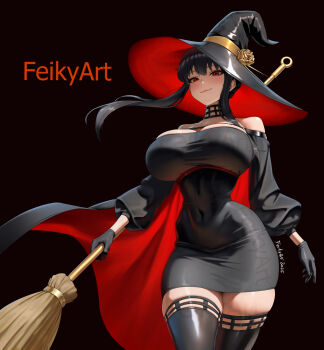 1girl artist_name bare_shoulders black_background black_dress black_hair black_hat black_thighhighs breasts broom cowboy_shot dress feikyart hat highres holding holding_broom large_breasts red_eyes simple_background solo spy_x_family thighhighs twitter_strip_game witch witch_hat yor_briar