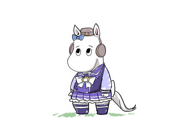 animal_ears blue_bow bow brown_hat ear_bow ear_covers full_body gold_ship_(umamusume) hat highres horse_ears horse_tail kawamochi_(kawauti919) long_sleeves mini_hat moomin moomintroll pleated_skirt puffy_long_sleeves puffy_sleeves purple_shirt purple_skirt purple_thighhighs school_uniform shirt simple_background skirt sleeves_past_wrists solo standing tail thighhighs tracen_school_uniform umamusume white_background white_bow