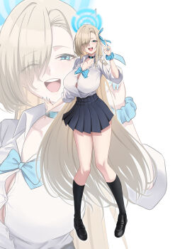 1girl asuna_(blue_archive) asuna_(school_uniform)_(blue_archive) blonde_hair blue_archive blue_bow blue_bowtie blue_eyes blue_halo blue_nails blue_ribbon blush bow bowtie breasts button_gap choker cleavage collarbone commentary_request full_body grey_skirt hair_over_one_eye hair_ribbon halo highres huge_breasts long_hair official_alternate_costume one_eye_closed open_mouth pleated_skirt ribbon school_uniform scrunchie shirt skirt sleeves_rolled_up smile solo suigetu26 thighs v very_long_hair white_shirt wrist_scrunchie