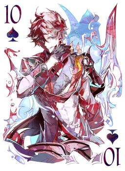 1boy absurdres black_gloves blue_eyes card coat cocoballking cropped_torso genshin_impact gloves grey_coat grin hair_between_eyes hand_up highres hydrokinesis looking_at_viewer male_focus mask mask_on_head orange_hair playing_card red_mask short_hair smile solo tartaglia_(genshin_impact) ten_of_spades water
