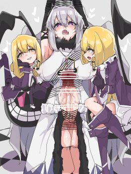 absurdres aeolian_achtelnote armpits arms_up black_gloves blonde_hair boots bound bound_arms commentary_request elbow_gloves engi_threepiece full-package_futanari futanari gloves grey_hair grin hand_on_own_cheek hand_on_own_face heart highres huge_penis ionian_achtelnote musical_note open_mouth orange_eyes penis purple_boots purple_eyes siblings smile symbol-shaped_pupils t1tsu_kyun testicles thigh_boots triangle-shaped_pupils twins twitching_penis yumekui_merry