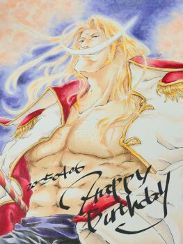 1boy abs blonde_hair blue_sash coat collared_coat commentary_request dated edward_newgate epaulettes facial_hair happy_birthday hasora_46 long_hair looking_at_viewer male_focus mustache one_piece sash scar scar_on_chest sideburns smile solo