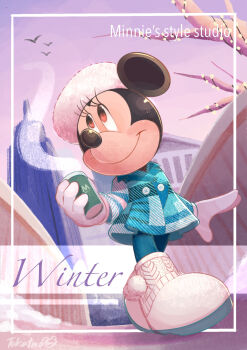 1girl absurdres alternate_costume animal_ears boots coat cup dress gamorangetana gloves highres looking_at_viewer mickey_mouse_&amp;_friends minnie_mouse mouse_ears mouse_girl mug smile solo tree white_gloves winter winter_clothes winter_coat