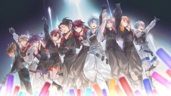 6+boys :d absurdres arm_up arms_up axel_syrios baggy_pants banzoin_hakka belt black_belt black_boots black_choker black_gloves black_hair black_jacket black_pants black_shirt black_shorts black_tank_top blonde_hair blue_hair boots braid brown_hair chest_belt choker chul_(pacifique) closed_eyes collared_jacket crimzon_ruze cropped_jacket dark-skinned_male dark_skin everyone fingerless_gloves gavis_bettel gloves glowstick goldbullet green_eyes grin happy highres holding_hands holostars holostars_english holostars_english_idol_uniform idol idol_clothes jacket josuiji_shinri jurard_t_rexford machina_x_flayon male_focus multicolored_hair multiple_belts multiple_boys octavio one_eye_closed open_mouth outstretched_arm pants penlight_(glowstick) pink_hair purple_hair red_hair regis_altare shirt shorts side_braid single_braid sleeveless sleeveless_shirt smile streaked_hair tank_top v-neck virtual_youtuber white_belt white_jacket white_pants white_shorts