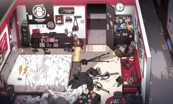 absurdly_detailed_composition absurdres arknights bag bean_bag_chair bed black_footwear black_jacket black_shorts boots bottle box bra brown_bag bulletin_board camera can cardboard_box character_doll chest_of_drawers clock couch cushion dartboard doll door doorway drinking_straw electrical_outlet emperor_(arknights) exusiai_(arknights) grey_panties hallway handbag highres jacket kataokasan kettle lappland_(arknights) lightning_bolt_symbol loaded_interior nintendo_switch nintendo_switch_pro_controller no_humans panties penguin_logistics_logo phonograph pink_bra pitcher_(container) scroll shorts snack speaker stuffed_animal stuffed_rabbit stuffed_toy sword texas_(arknights) trash_can tripod underwear unworn_boots unworn_bra unworn_jacket unworn_panties unworn_shorts vinyl_record wall_clock weapon window window_blinds wire