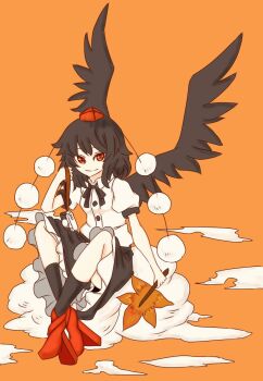 Rule 34 | 1girl, black skirt, black wings, camera, cloud, commentary, crossed legs, feathered wings, full body, geta, hat, highres, holding, holding camera, looking at viewer, medium hair, orange background, pom pom (clothes), red eyes, red hat, shameimaru aya, shirt, skirt, smile, solo, tengu, tengu-geta, tokin hat, touhou, untranslatable commentary, watanukimurama, white shirt, wings