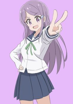 1girl blue_sailor_collar blue_skirt dot_nose feet_out_of_frame female_focus hair_ornament hairclip koisuru_asteroid legs long_hair long_sleeves looking_at_viewer open_mouth purple_background purple_hair qb_(qb46311027) ribbon sailor_collar school_uniform serafuku shirt simple_background skirt solo standing suzuya_moe v white_shirt