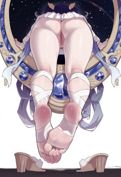 1girl absurdres ass barefoot black_hair blue_hair censored commentary_request gradient_hair highres iuno_(wuthering_waves) manzai_sugar mosaic_censoring multicolored_hair no_panties pantyhose portal_(object) pussy shoes skirt soles space thighs toes unworn_shoes white_background white_hair white_pantyhose white_skirt winged_hair_ornament wuthering_waves