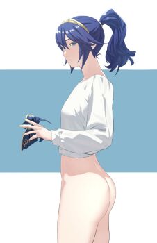 1girl alternate_hairstyle ass blue_eyes blue_hair breasts fire_emblem fire_emblem_awakening looking_at_viewer lucina_(fire_emblem) mask nintendo no_panties no_pants pomelomelon ponytail small_breasts thighs