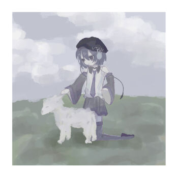 1girl animal baby_animal beret black_hat black_skirt boots border detached_sleeves eraa_uwu hat kneeling lamb long_sleeves miniskirt necktie outdoors pleated_skirt purple_hair purple_necktie sheep shirt skirt sleeveless sleeveless_shirt solo thigh_boots utane_uta utau white_border white_shirt wide_sleeves