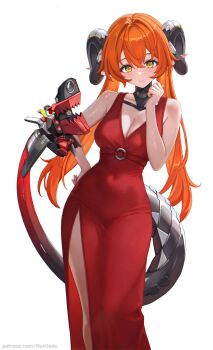 1girl alternate_costume bare_shoulders breasts cleavage closed_mouth commentary dress english_commentary green_eyes hair_between_eyes hand_on_own_hip hand_up highres horns large_breasts long_dress long_pointy_ears looking_at_viewer magus_(zenless_zone_zero) mechanical_horns mechanical_tail narijade orange_hair orphie_magnusson paid_reward_available pointy_ears red_dress red_pupils simple_background smile tail white_background zenless_zone_zero
