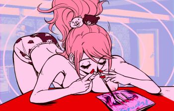 1girl bare_back bare_legs bare_shoulders bear_hair_ornament boxer_briefs boxers breasts closed_eyes cocaine commission commissioner_upload cover danganronpa:_trigger_happy_havoc danganronpa_(series) drugs enoshima_junko eyelashes fingernails hair_ornament highres junkoexe large_breasts leaning_forward long_eyelashes long_fingernails long_hair magazine_(object) magazine_cover male_underwear nail_polish nipples partially_undressed ponytail red_nails simple_background snorting straw table topless_female underwear