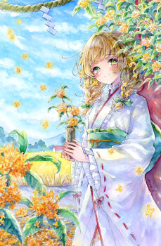 Rule 34 | 1girl, absurdres, blonde hair, blush, braid, commentary request, day, flower, frilled kimono, frills, gold osmanthus, hayamasora, highres, holding vase, japanese clothes, kimono, looking at viewer, low twin braids, original, outdoors, painting (medium), rope, shide, shimenawa, solo, traditional media, twin braids, watercolor (medium), white kimono