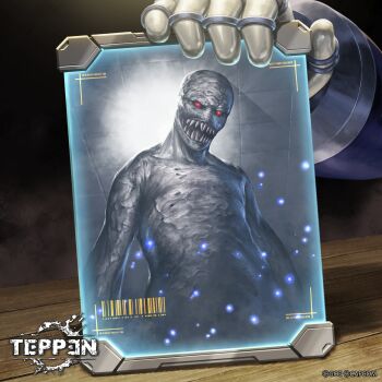 1boy barcode capcom company_connection crossover dynamo_(mega_man) glowing glowing_eyes highres horror_(theme) jun_ishimaru mega_man_(series) mega_man_x_(series) monster monster_focus no_pupils official_art open_mouth out-of-frame_character red_eyes regenerator resident_evil resident_evil_4 sharp_teeth table tablet_pc teeth teppen tongue