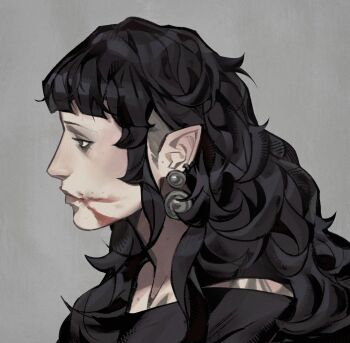 1girl absurdres black_hair blood blood_on_face earrings grey_background highres jewelry long_hair mynqzo original pointy_ears simple_background solo