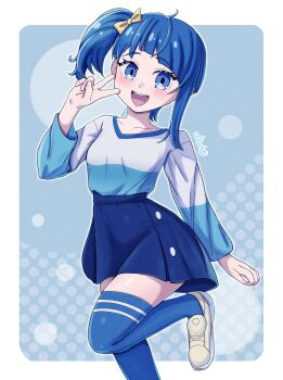 Rule 34 | 1girl, absurdres, blue eyes, blue hair, blue thighhighs, blush, bow, bowtie, casual, commentary request, highres, hirogaru sky! precure, long hair, maho (corotonton5150), open mouth, precure, skirt, smile, sora harewataru, thighhighs, v, yellow bow, yellow bowtie