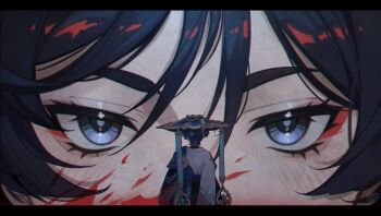 2boys animal_print arm_at_side bird_print black_bridal_gauntlets black_hair blood blood_on_face blue_cape blue_hair blue_hat blue_sash blue_sleeves blunt_ends bridal_gauntlets cape commentary dual_persona english_commentary eyelashes eyeliner eyeshadow from_behind furisode genshin_impact gold hat highres japanese_clothes jingasa kimono light_blush looking_at_another looking_at_viewer makeup multicolored_hair multiple_boys nekojinnyart purple_eyes red_eyeliner red_eyeshadow red_hair sash scaramouche_(genshin_impact) short_sleeves streaked_hair tsurime wanderer_(genshin_impact) white_kimono white_sleeves white_trim wispy_bangs