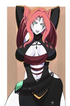 Rule 34 | 1girl, armpits, arms behind head, black dress, breasts, cleavage, cleavage cutout, cleobulus (fire emblem), clothing cutout, colored skin, commentary, cornelia arnim, dress, earrings, english commentary, fire emblem, fire emblem: three houses, green eyes, grey skin, grin, hair lift, highres, ihsnet, jewelry, large breasts, looking at viewer, navel, navel cutout, nintendo, red hair, smile, stomach, thick thighs, thighs, wide hips