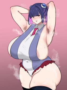 absurdres anger_vein areola_slip armpit_hair armpits arms_behind_head arms_up blue_hair blush breasts colored_inner_hair cosplay covered_navel female_pubic_hair frilled_leotard frills hair_ornament highres hiiragi_yuzu huge_breasts hwanh indie_virtual_youtuber iwa_ego leotard multicolored_hair necktie open_mouth pink_background pink_hair plump pubic_hair pubic_hair_peek pussy_juice red_eyes short_hair sideless_leotard smile standing sweat twintails virtual_youtuber wide_hips yu-gi-oh! yu-gi-oh!_arc-v zuzu_boyle_(cosplay)