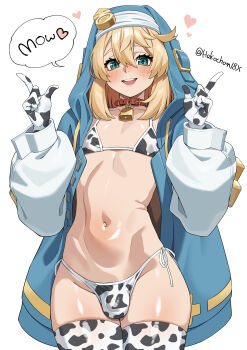 1boy :d absurdres androgyne_symbol animal_collar animal_print artist_name bell bikini blonde_hair blush bo_(bocky0w0) bridget_(guilty_gear) bulge collar commentary_request cow_print cow_print_bikini cow_print_gloves cow_print_thighhighs cowbell crossdressing crossdressing_(mtf) drawstring english_text gloves green_eyes guilty_gear guilty_gear_strive hands_up heart highres hood hood_up hooded_jacket jacket long_sleeves looking_at_viewer male_focus navel open_clothes open_jacket open_mouth print_bikini print_gloves print_thighhighs red_collar side-tie_bikini_bottom simple_background skindentation smile speech_bubble swimsuit thighhighs thighs trap twitter_username white_background