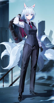 1girl absurdres alternate_costume animal_ear_fluff animal_ears azur_lane black_gloves black_shoes black_suit blue_eyes blue_jacket blue_pants blue_suit blue_vest blunt_bangs breasts business_suit buttons collared_shirt commentary_request covered_erect_nipples debris dress_pants dress_shoes eyeshadow fog formal_clothes fox_ears fox_girl fox_tail full_body gloves hand_up highres holding holding_jacket holding_unworn_clothes jacket kaga_(azur_lane) kitsune kyuubi leather leather_gloves light_particles long_sleeves makeup medium_breasts multiple_tails necktie open_mouth outdoors pant_suit pants parted_lips railing red_necktie rubble rubisco ruins shirt shoes short_hair sidelocks solo stairs standing suit tail unworn_jacket vest white_hair white_tail