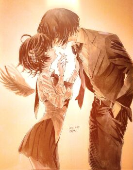 Rule 34 | 1boy, 1girl, ahoge, aya carmine, cigarette, clothes grab, eye contact, face-to-face, formal clothes, hands in pockets, highres, hitomi hirosuke (sayonara wo oshiete), looking at another, millipen (medium), monochrome, necktie, necktie grab, neckwear grab, nib pen (medium), pen (medium), sayonara wo oshiete, school uniform, short hair, skirt, suit, takada nozomi, traditional media, wings
