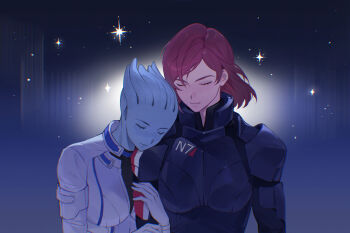 Rule 34 | 2girls, alien, arm hug, armor, asari (mass effect), blue skin, closed eyes, colored skin, commander shepard, commander shepard (female), hashtag-only commentary, liara t'soni, mass effect (series), multiple girls, red hair, umiumi8, upper body