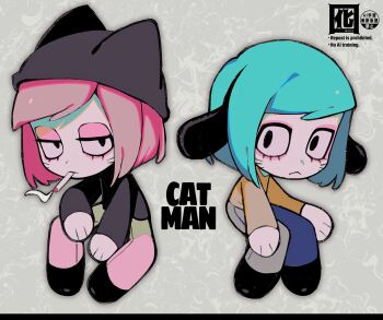 Rule 34 | 2boys, animal ears, animal hat, black eyes, blue hair, cat hat, chibi, cigarette, commentary, facial mark, fake animal ears, grey background, hat, highres, looking at viewer, male focus, multiple boys, nyen (randal&#039;s friends), nyon (randal&#039;s friends), otori 0, pink hair, randal&#039;s friends, smoking, symbol-only commentary, whisker markings