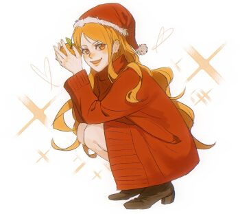 1girl blush boots brown_boots christmas commentary dress english_commentary food from_side fruit full_body fur-trimmed_headwear fur_trim hat heart holding holding_food holding_fruit long_hair long_sleeves looking_at_viewer mandarin_orange nameijitui1 nami_(one_piece) one_piece open_mouth orange_eyes orange_hair pom_pom_(clothes) red_hat red_sweater santa_hat simple_background single_sidelock solo sparkle squatting sweater sweater_dress white_background