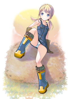 1girl absurdres bare_shoulders blonde_hair blue_boots blurry_border boots border buttons closed_mouth collarbone dot_nose dress dusk expressionless haystack highres leg_up looking_to_the_side original outdoors panties pop_(electromagneticwave) sidelocks sitting solo swept_bangs thighs two_side_up underwear white_border white_panties