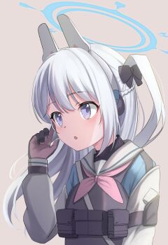 1girl animal_ears black_bow black_gloves blue_archive blue_serafuku bow braid bulletproof_vest chestnut_mouth crown_braid detached_sleeves earpiece fake_animal_ears gloves hair_bow halo highres index_finger_raised long_hair long_sleeves looking_to_the_side miyako_(blue_archive) neckerchief one_side_up pink_gloves pink_neckerchief pouch purple_eyes rabbit_ears ramkilog sailor_collar school_uniform serafuku simple_background solo tactical_clothes two-tone_gloves undershirt upper_body white_hair white_sailor_collar