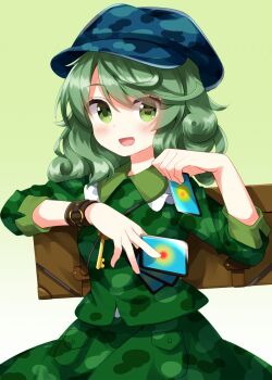 Rule 34 | 1girl, :d, ability card (touhou), backpack, bag, blue hat, blush, camouflage, camouflage shirt, camouflage skirt, card, collared shirt, commentary request, contrast collar, cowboy shot, frilled shirt collar, frills, gradient background, green background, green eyes, green hair, green shirt, green skirt, hat, highres, holding, holding card, jewelry, key, key necklace, looking at viewer, necklace, open mouth, ruu (tksymkw), shirt, short hair, skirt, smile, solo, three-quarter sleeves, touhou, white background, yamashiro takane