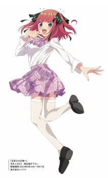 1girl :d anime_coloring artist_request blue_eyes blunt_bangs blush butterfly_hair_ornament commentary_request floral_print floral_print_skirt full_body go-toubun_no_hanayome gradient_nails hair_ornament highres leg_up long_sleeves looking_at_viewer looking_back mary_janes miniskirt nail_polish nakano_nino open_mouth outstretched_arm pink_hair print_skirt purple_skirt shirt shoes short_hair sidelocks simple_background skirt smile solo teeth thighhighs two_side_up upper_teeth_only w w_over_mouth white_background white_shirt white_thighhighs zettai_ryouiki