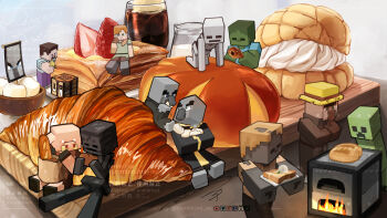 1boy 1girl 6+others alex_(minecraft) animal_ears baguette block_(minecraft) bread bread_slice chocolate_cornet commentary_request crafting_table_(minecraft) creeper croissant dumpling food food_focus fruit furnace furry hat highres holding husk_(minecraft) minecraft minecraft_(style) mini_person miniboy minigirl monster multiple_others official_style pig_ears piglin pillager_(minecraft) skeleton skeleton_(minecraft) steve_(minecraft) strawberry toast too_many_watermarks tray tusks villager_(minecraft) watermark wither_skeleton_(minecraft) zombie zombie2mi_nu zombie_(minecraft)
