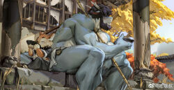 2boys autumn_leaves bara beard belly blue_fur blush cup dragon_boy dragon_horns drinking ears_down facial_hair feet_out_of_frame furry furry_male hair_over_eyes highres holding holding_cup horns leaf looking_to_the_side male_focus multiple_boys muscular muscular_male navel nervous original sakazuki scales short_hair sitting size_difference strongman_waist thick_eyebrows thick_thighs thighs tooboshoo triceps wavy_mouth