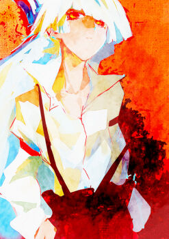 Rule 34 | 1girl, female focus, fujiwara no mokou, long hair, solo, suspenders, tima, touhou, white hair